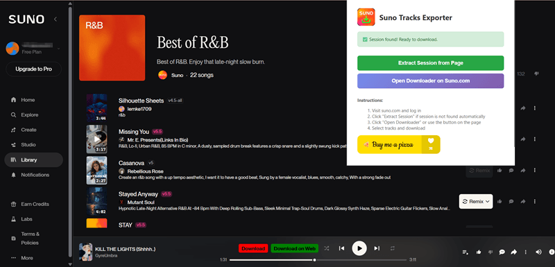 Suno Tracks Exporter Browser Extension Detects Playlist