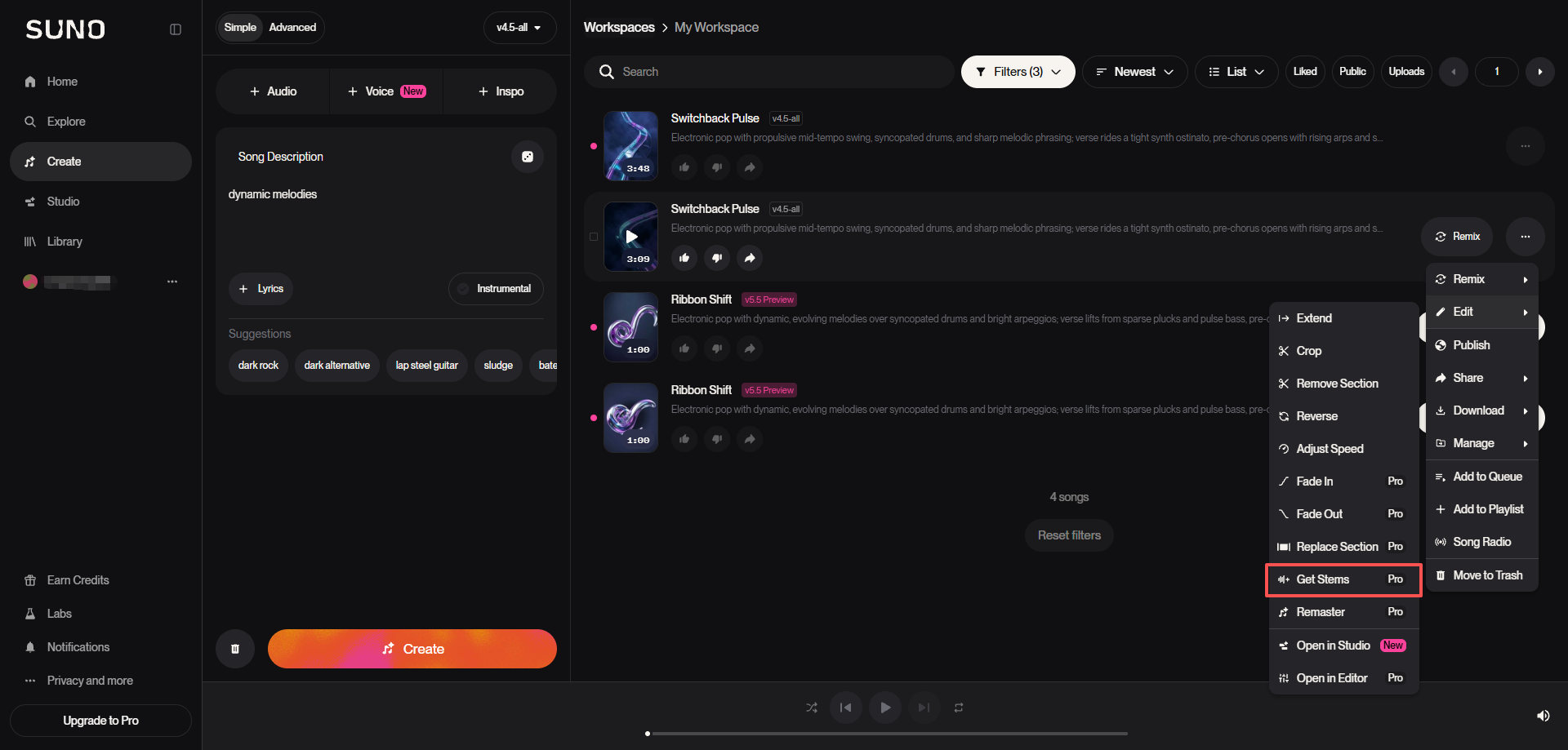 Suno Edit menu showing the Get Stems option for stem separation