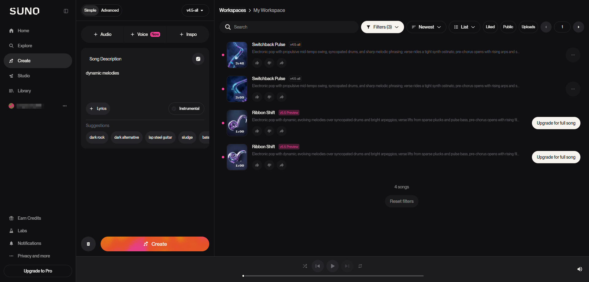 Suno Workspace showing songs available for the Get Stems workflow