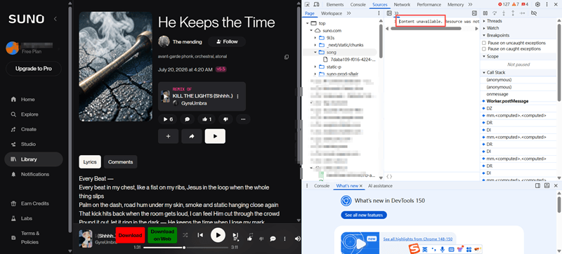 Not Available to Download Suno AI Music Using F12 Inspect