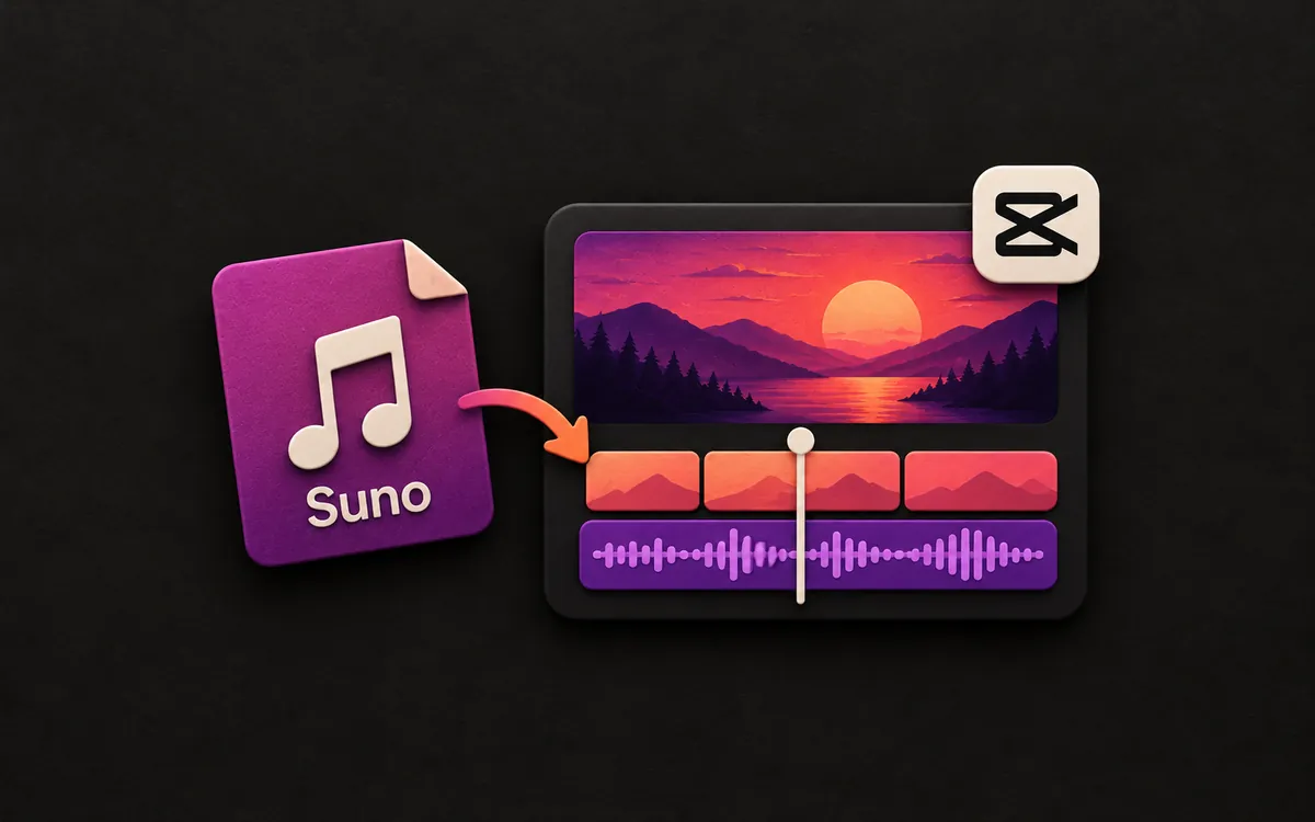 Suno music file added to a CapCut video timeline with video clips and an audio waveform