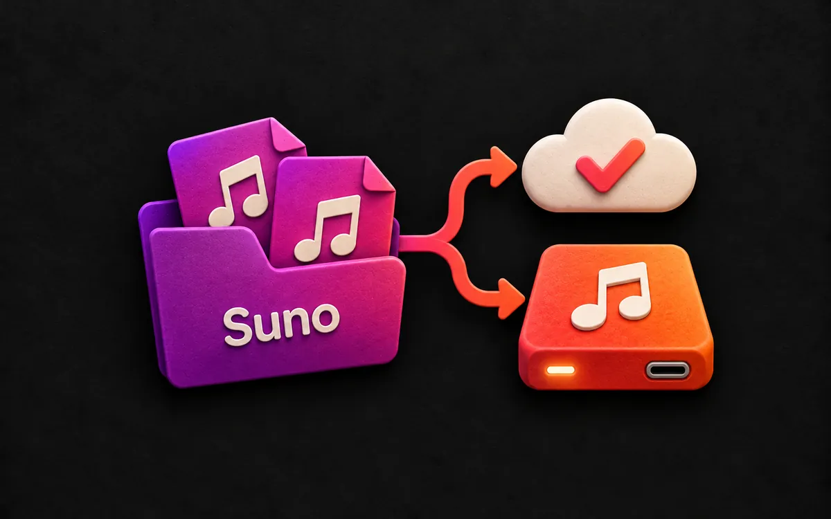 Suno music folder connected to an external drive and cloud storage for a second backup
