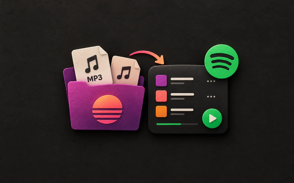 MP3 files in a purple music folder beside a Spotify playlist and green play button