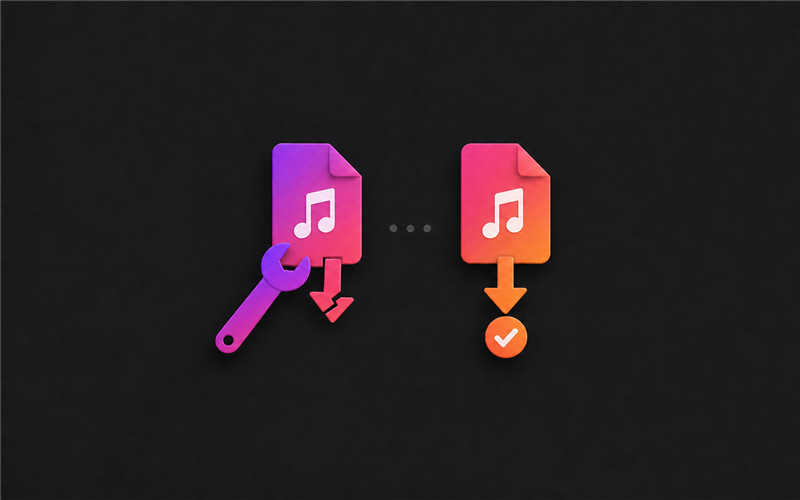 Music files with a repair wrench, download arrows, and a success check