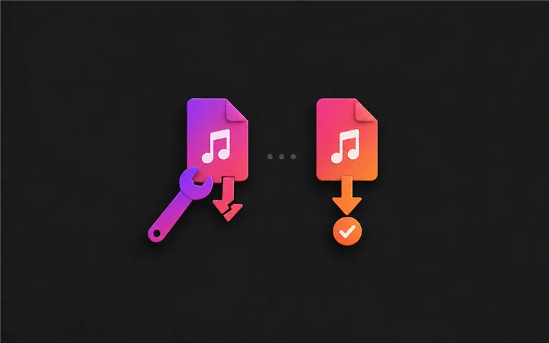 Music files with a repair wrench, download arrows, and a success check