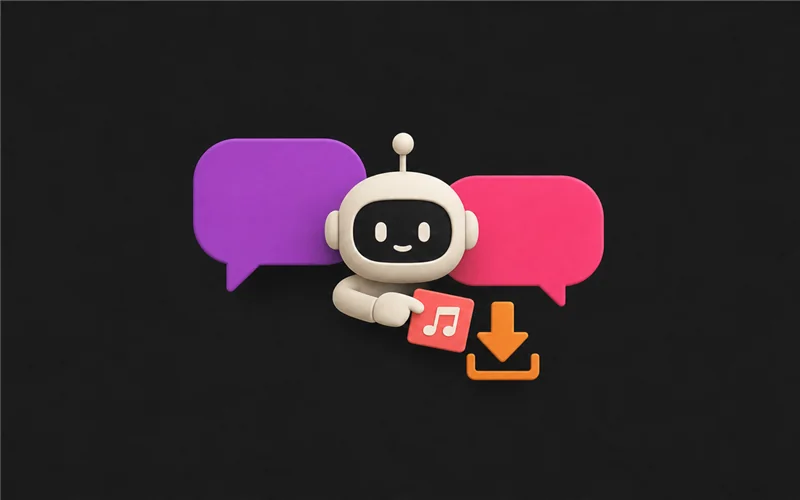 Music downloader bot with purple and pink chat bubbles and an orange download arrow