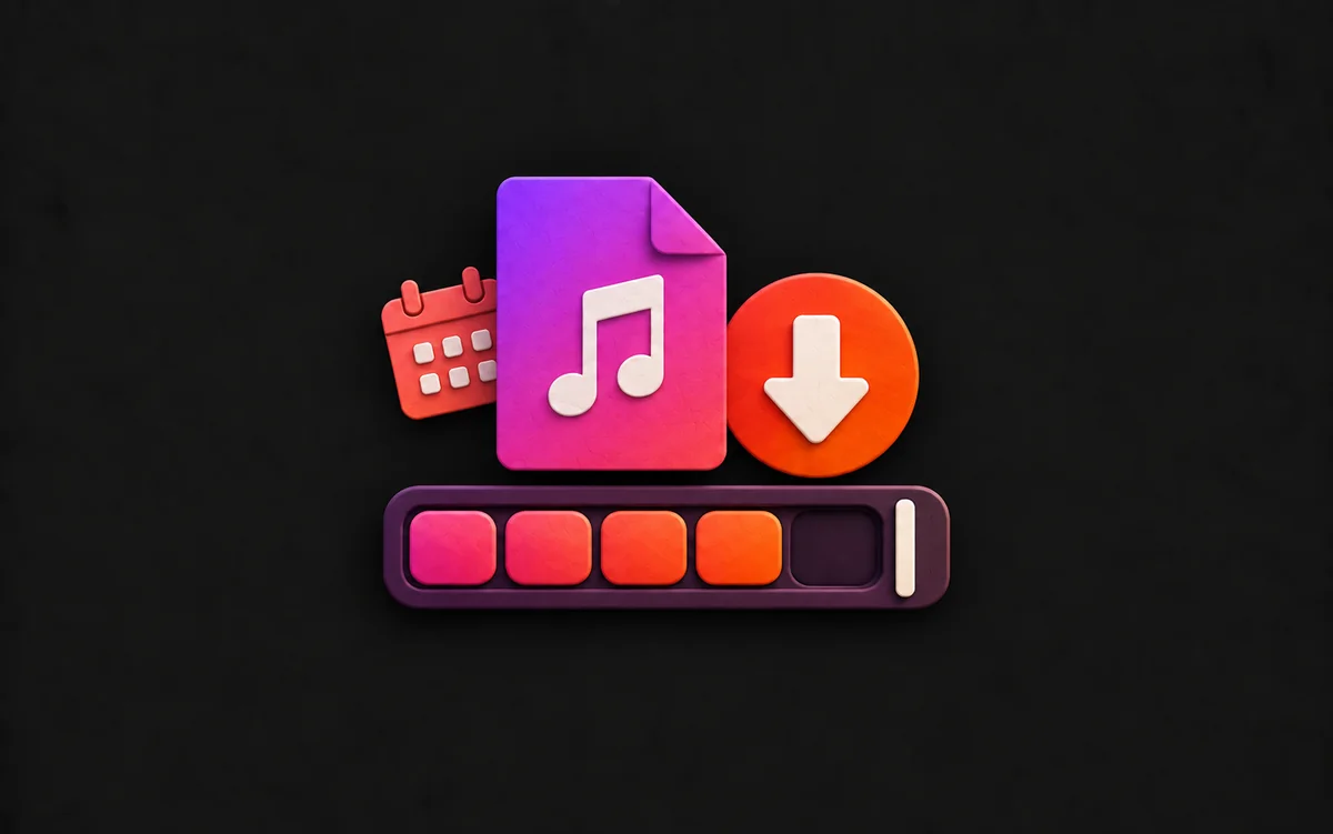 Music file and download icon above a quota bar and monthly calendar