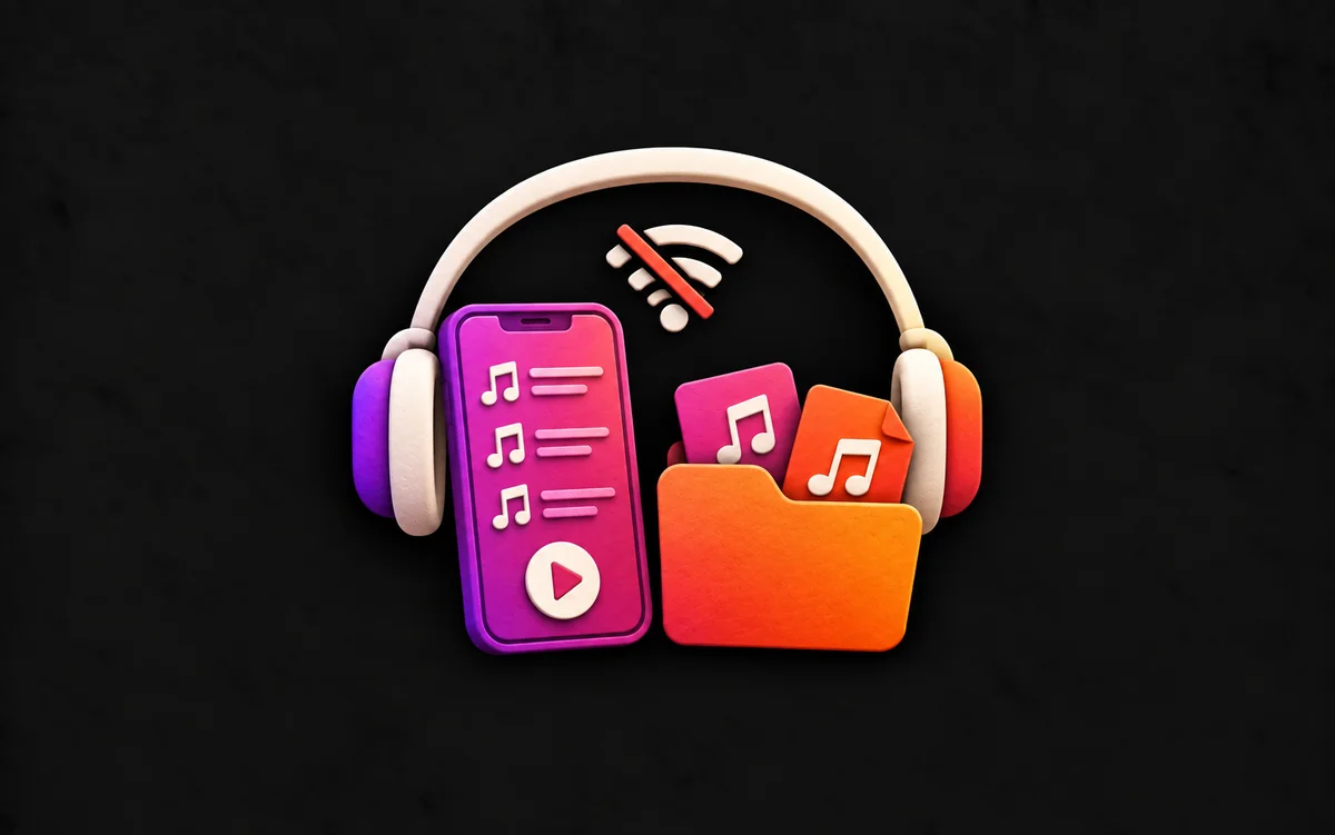 Phone playlist and audio files with headphones and an offline symbol