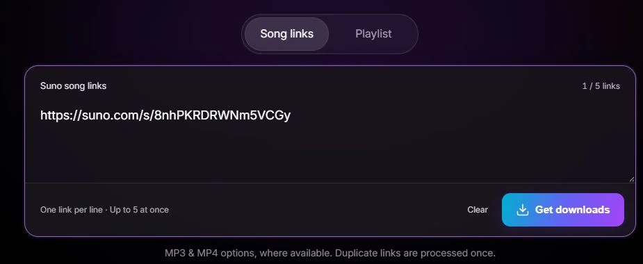 A Suno song link pasted into Song links, ready to select Get downloads