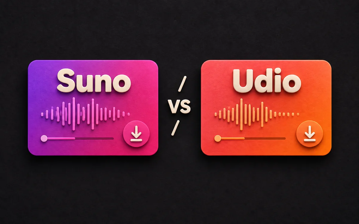 Suno and Udio audio player cards with waveforms and download icons on a dark background